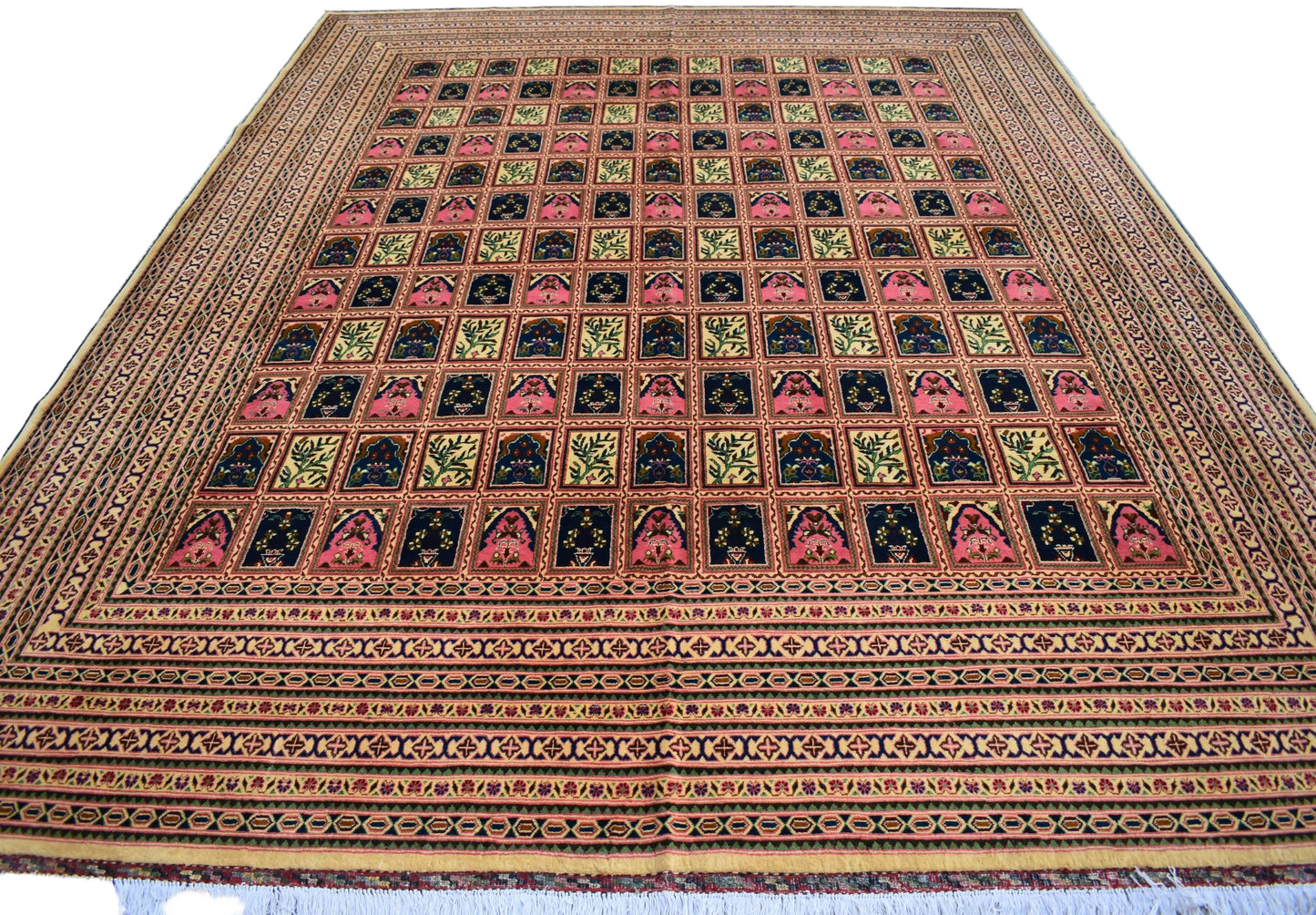 Decorative rug with intricate patterns on a flat surface